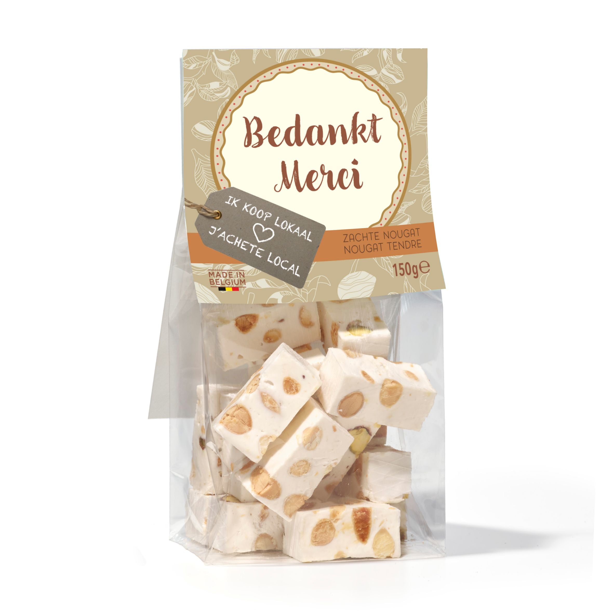 Zakje Zachte Nougat "Bedankt" 150g Amandel en Pistache